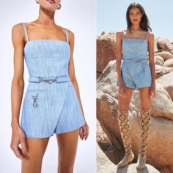 Alexis Pants - Alexis Camillo Romper Sky‎ Blue Square Neck Cotton Linen Size M